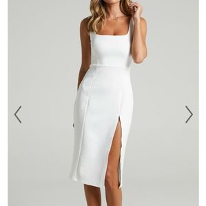 NEW w/ Tag SQUARE NECK SPLIT SLIT MIDI DRESS IN WHITE SHOWPO